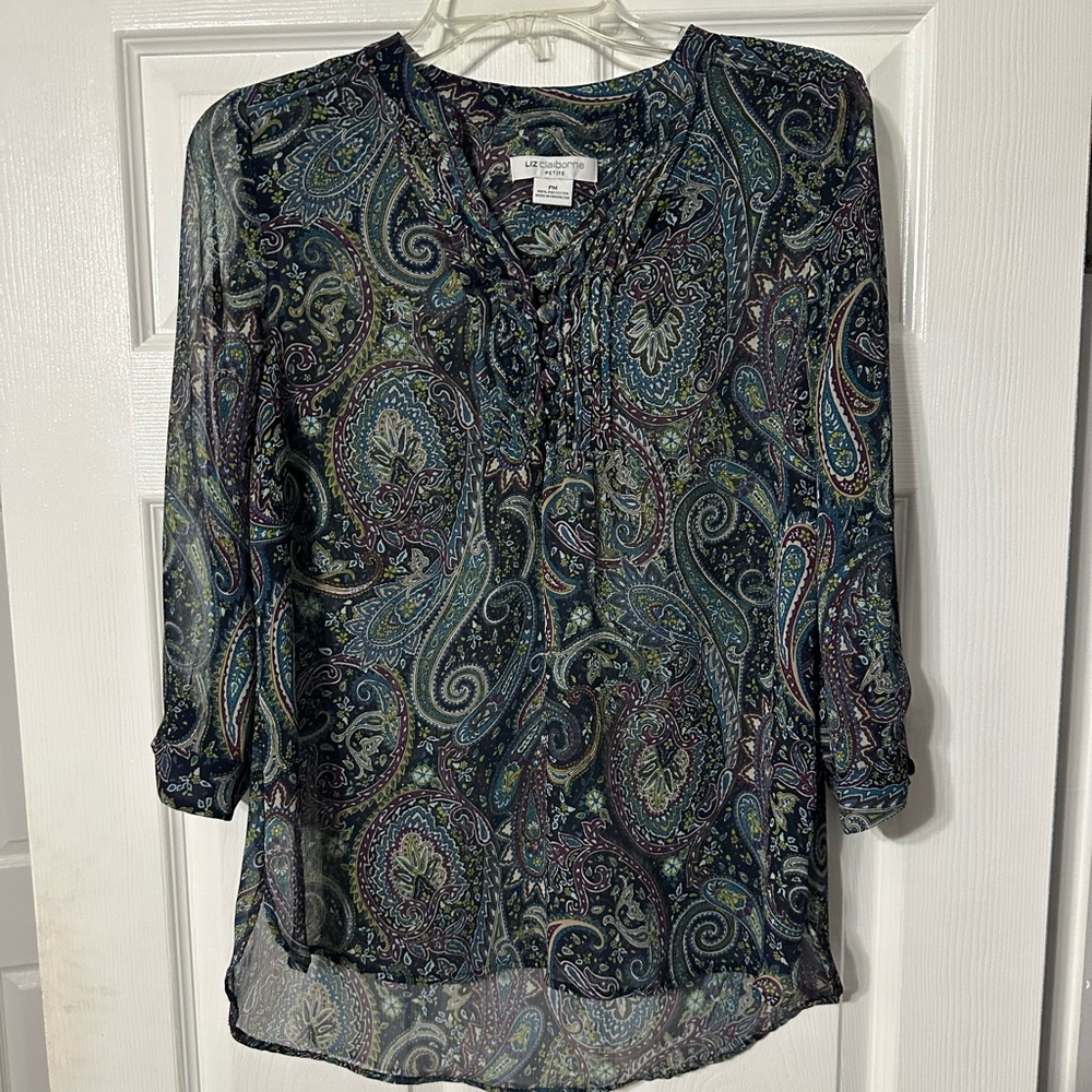 Liz Claiborne Petite 3/4 Sleeve Paisley Pattern Blouse